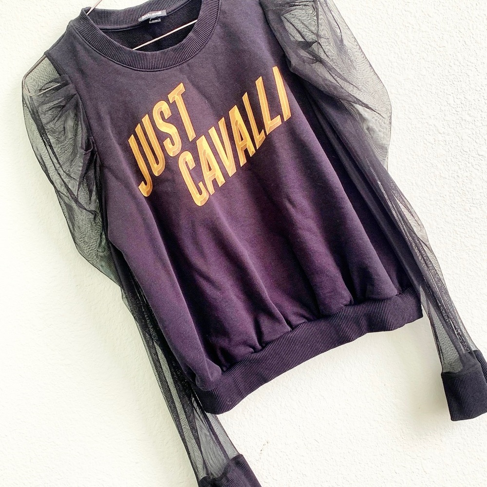 JUST CAVALLI black pullover jumper sheer sleeves logo front Large cotton sweater